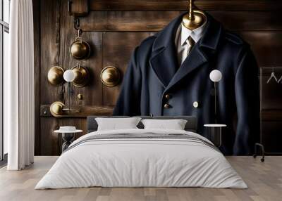 A classic peacoat with brass buttons, hanging on a vintage coat rack, against a backdrop of weathered wooden panels. Wall mural