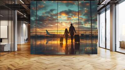 A family at the airport with a young child and luggage, walking towards the departure gate. The girl points excitedly at airplanes through the window. Wall mural