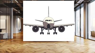 A front view of a large passenger airplane with its wings spread wide and landing gear extended, ready for takeoff or landing. The plane symbolizes air travel, transportation, and aviation. Wall mural