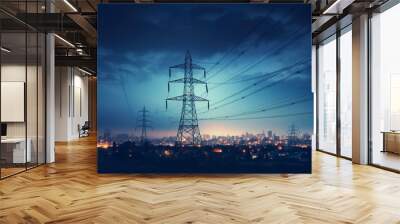 A high-voltage tower and power lines amidst the abstract blur of city lights at night Wall mural