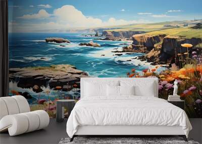 A panoramic view of a secluded cobalt blue ocean bay, framed by towering cliffs and colorful wildflowers Wall mural