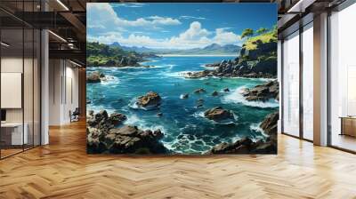 A panoramic view of a secluded cobalt blue ocean cove, surrounded by lush green cliffs Wall mural