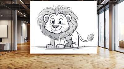 A playful black and white sketch of a smiling lion with a fluffy mane, sitting happily. Ideal for children's books, animal-themed designs, or any content featuring friendly wildlife characters Wall mural