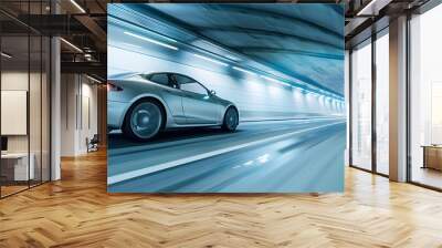 A silver car is driving on a highway at high speed, leaving a blurry trail behind it. The background is a tunnel with white walls and a gray floor Wall mural