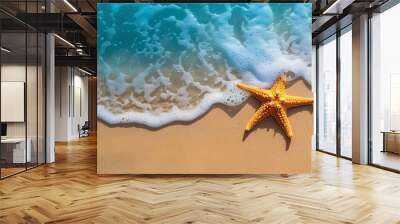 
A starfish rests on the sandy beach by the clear sea water. It's a sunny summer day, perfect for relaxing on the beach with plenty of space to enjoy. Wall mural