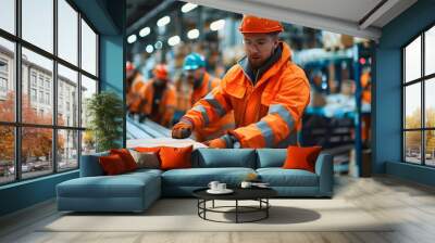 a warehouse worker in orange protective gear examines, packing a box on a conveyor belt. several oth Wall mural