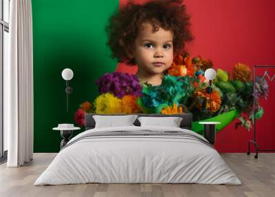 imagine A toddler with messy hair and a mischievous grin, standing against a vibrant lime green backdrop, holding a bunch of colorful flowers. Wall mural