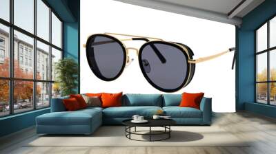 Trendy Sunglasses aviator style Gold frame with black lens isolated on white background front right view Wall mural