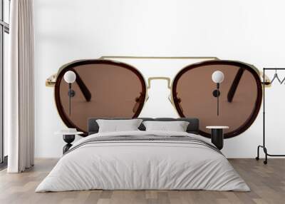 Trendy Sunglasses aviator style Gold frame with brown lens isolated on white background front view Wall mural