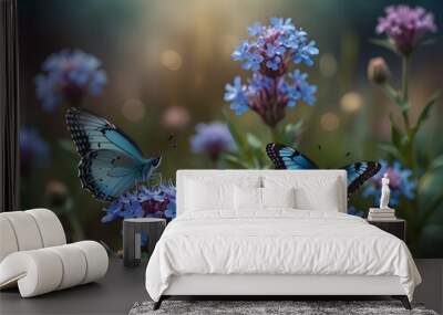 Wild light blue flowers in field and two fluttering bu Wall mural