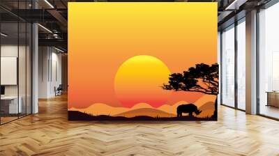 Amazing sunset and sunrise.Panorama silhouette tree in africa with sunset.Tree silhouetted against a setting sun.Dark tree on open field dramatic sunrise.Safari theme.Giraffes , Lion , Rhino. Wall mural