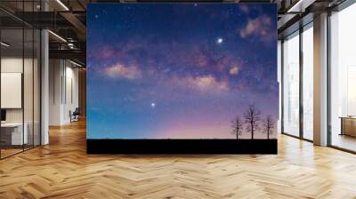 Panoramic blue sky, milky way and stars on dark background, cosmic filled with stars, nebula and galaxies with noise and grains image by long exposure and select dark night sky  Wall mural