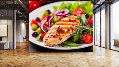 Grilled chicken breast with tomatoes, red pepper, organic green and kalamata olives. Wall mural