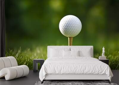 White golf ball on wooden tee with grass. Wall mural