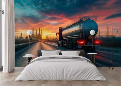 Oil tanker (tank truck) on a road at dusk. AI generated Wall mural