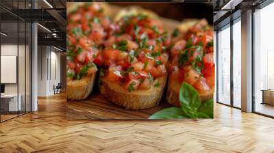 Shallow depth of field (selective focus) image with italian bruschetta. Generative AI. Wall mural