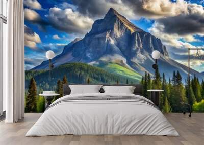 a mountain is surrounded by trees and a blue sky w Wall mural