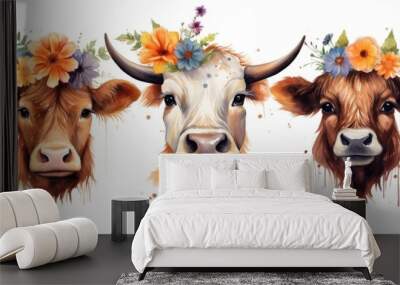 Watercolor Floral Animals Wearing glasses, Cow, Giraffe, Highland cow white background Wall mural