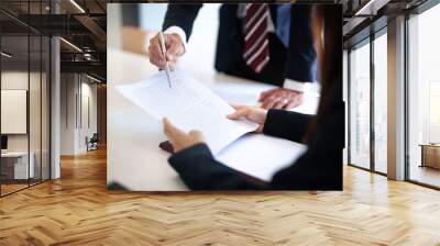 Lawyer with lawsuit meeting with client discussing with contract agreement at courtroom Wall mural