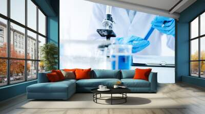 Scientists concentrate at result of chemistry experiment at laboratory. Wall mural