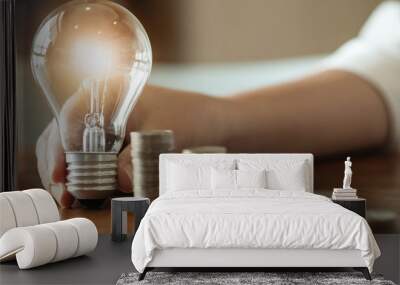 Woman holding light bulb  Idea creativity concept. Wall mural