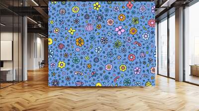 Cute retro hippie flower power seamless repeat pattern. Random placed, vector calico floral all over surface print on blue background. Wall mural