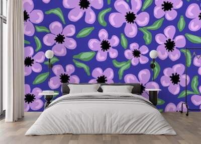 Flower heads seamless repeat pattern. Random placed, hand drawn, vector florals all over surface print on purple background. Wall mural