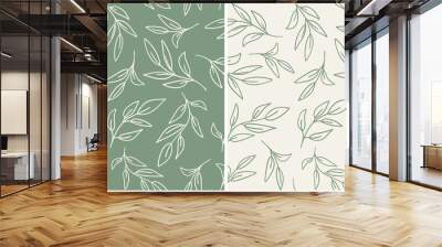 Set of leaves seamless repeat pattern. Random placed, vector botany elements hand drawn all over surface print on sage green and beige background. Wall mural