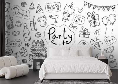 Cute party hand drawn doodle collection isolated on white background. Kawaii party doodle drawing for decoration scrapbook, invitation card and party poster. Wall mural