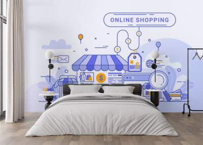 Online shopping concept for web landing page, digital marketing on website and mobile application. Wall mural