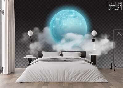 Realistic full blue moon isolated on transparent. Vector illustration of 3d moon with clouds. Wall mural