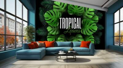 Tropical jungle palm tree leaves card. Circle frame with copy space. Natural Realistic Green Leaf Background. Concept Template for advertising web social media and fashion ads. Vector illustration. Wall mural