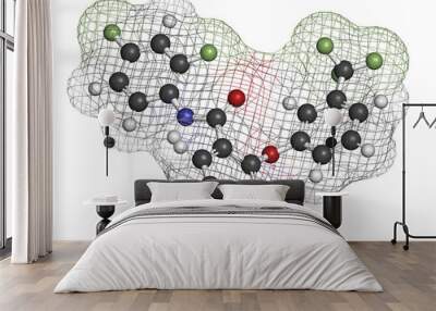 Diflufenican herbicide molecule. 3D rendering. Atoms are represented as spheres with conventional color coding: hydrogen (white), carbon (grey), nitrogen (blue), oxygen (red), fluorine (light green). Wall mural