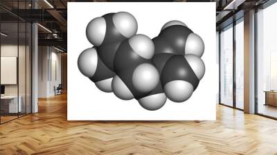 Myrcene monoterpene molecule. 3D rendering. Atoms are represented as spheres with conventional color coding: hydrogen (white), carbon (grey). Wall mural