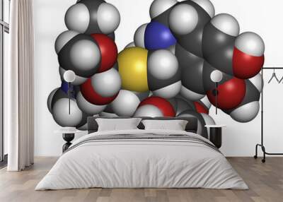 Trabectedin cancer drug molecule. 3D rendering. Atoms are represented as spheres with conventional color coding: hydrogen (white), carbon (grey), nitrogen (blue), oxygen (red), sulfur (yellow). Wall mural