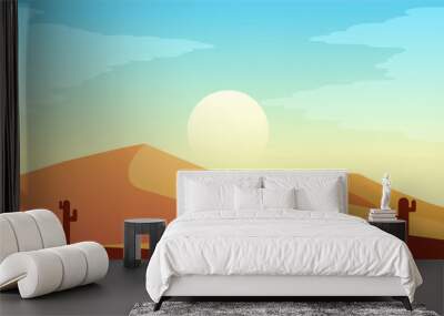 Desert landscape vector illustration. Heat and dry sand desert with cactus plant in the morning. Sand desert landscape for illustration, background or wallpaper Wall mural