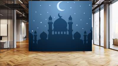 Landscape illustration of mosque silhouette in starry night sky Wall mural