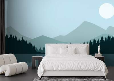 Landscape illustration of mountain reflection in the lake Wall mural