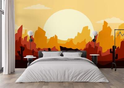 Landscape illustration of wild west desert with sunset sky Wall mural