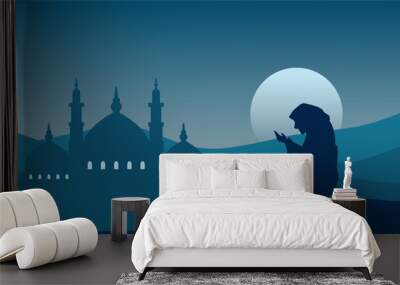 Mosque landscape with praying muslim silhouette vector illustration. Landscape ramadan design graphic in muslim culture and islam religion. Background of mosque at night for Islamic wallpaper design Wall mural