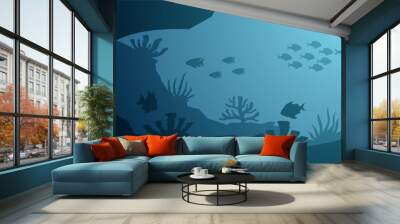 Seascape vector illustration. Scenery of marine life with coral reef and fish in the bottom sea. Underwater wildlife for illustration, background or landscape Wall mural