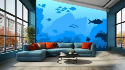 Underwater landscape vector illustration. Deep sea landscape with fish, coral reef and shipwreck. Sea world silhouette landscape for background, wallpaper, display or landing page. Vector background Wall mural