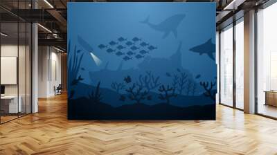 Underwater seascape vector illustration. Deep seascape with shipwreck, submarine, fish and coral reef. Undersea landscape for illustration, background or wallpaper Wall mural