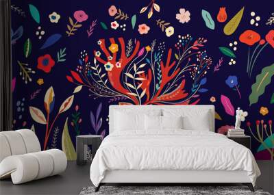 Beautiful spring creative art work illustration with flowers and deer Wall mural