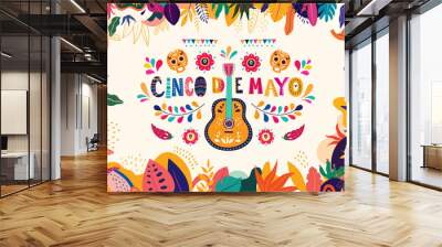 Beautiful vector illustration with design  for Mexican holiday 5 may Cinco De Mayo. Vector template with traditional Mexican symbols: Mexican guitar, flowers, red pepper, skull Wall mural