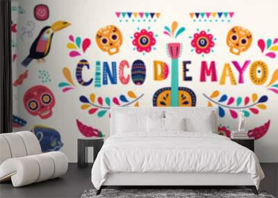 Beautiful vector illustration with design  for Mexican holiday 5 may Cinco De Mayo. Vector template with traditional Mexican symbols skull, Mexican guitar, flowers, Mexican animals Wall mural