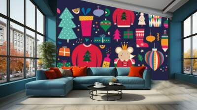 Big Christmas collection with traditional Christmas symbols and decorative elements. Christmas holiday pattern Wall mural