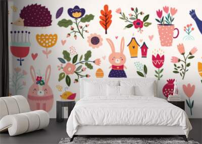 Big collection of flowers, leaves, birds, bunny and spring symbols Wall mural