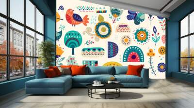 Big collection of flowers, leaves, birds, cat and spring symbols and decorative elements Wall mural