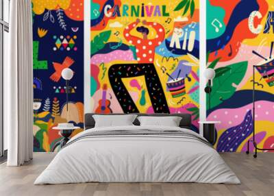 Carnival collection of colorful cards. Design for Brazil Carnival. Decorative abstract illustration with colorful doodles. Music festival Wall mural